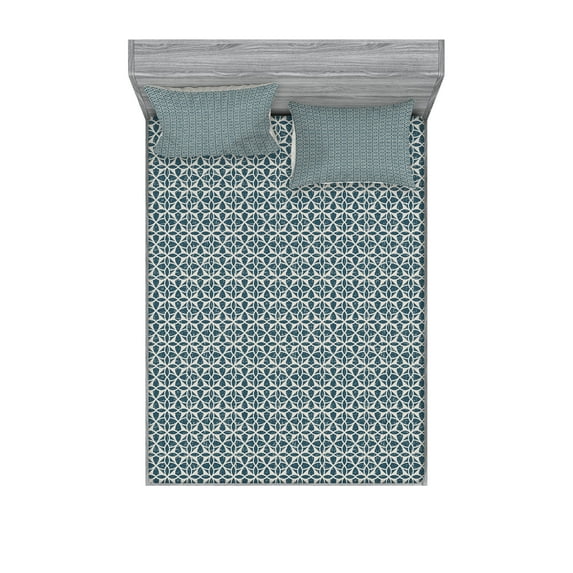 Ambesonne Vintage Fitted Sheet & Pillow Sham Set, Grunge Motifs Middle Ages, Queen, Dark Teal and Eggshell