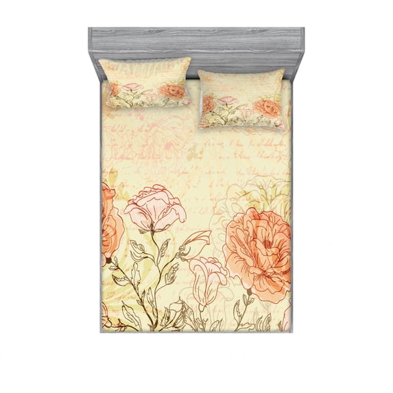 Ambesonne Vintage Fitted Sheet & Pillow Sham Set, Grunge Retro Flowers, Full, Cream Pink
