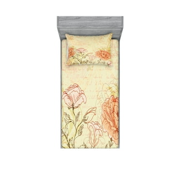 Ambesonne Vintage Fitted Sheet & Pillow Sham Set, Grunge Retro Flowers, Twin, Cream Pink