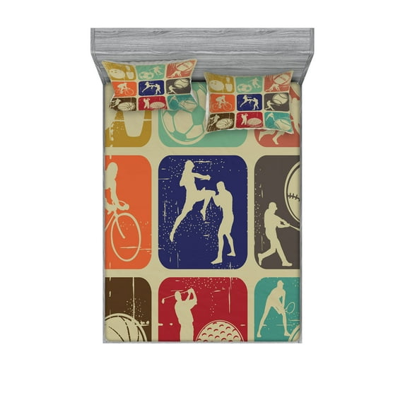 Ambesonne Vintage Fitted Sheet & Pillow Sham Set, Grunge Sports Banners, Queen, Multicolor