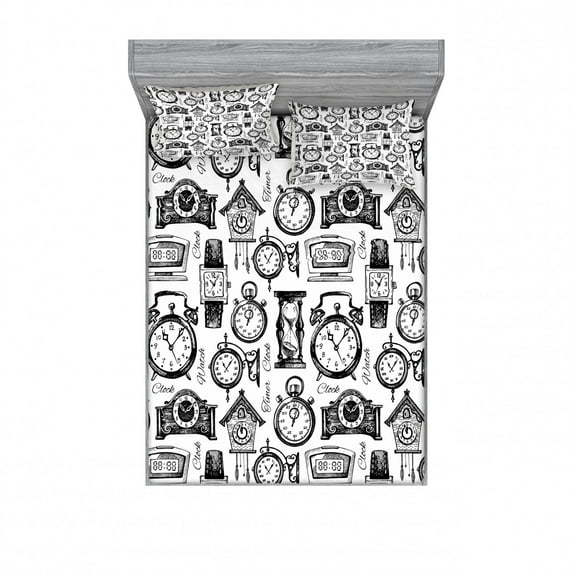 Ambesonne Vintage Fitted Sheet & Pillow Sham Set, Hand Drawn Clocks, Queen, Black and White