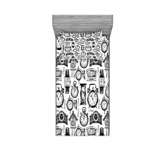 Ambesonne Vintage Fitted Sheet & Pillow Sham Set, Hand Drawn Clocks, Twin, Black and White