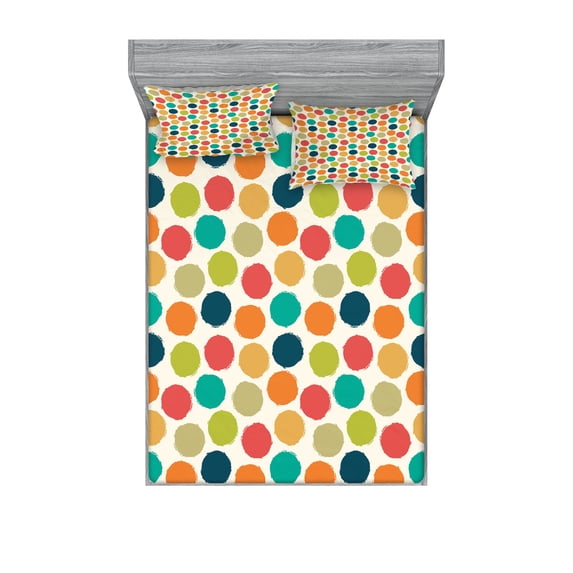 Ambesonne Vintage Fitted Sheet & Pillow Sham Set, Hipster Polka Dots Tile, Full, Multicolor