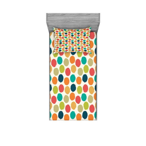 Ambesonne Vintage Fitted Sheet & Pillow Sham Set, Hipster Polka Dots Tile, Twin, Multicolor