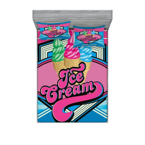 Ambesonne Vintage Fitted Sheet & Pillow Sham Set, Ice Cream Illustration, Queen, Blue and Hot Pink