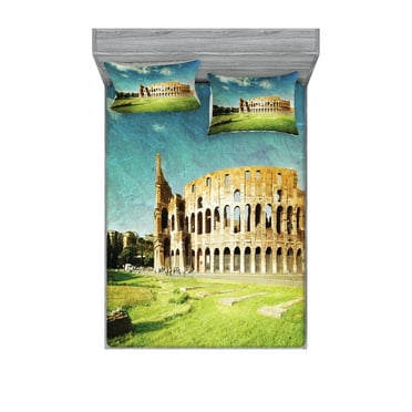 Ambesonne Vintage Fitted Sheet & Pillow Sham Set, Italian Sunset Rome, Queen, Green Blue