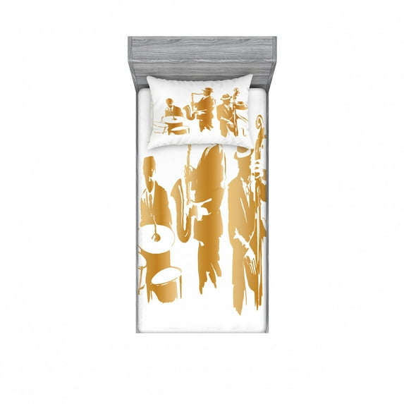 Ambesonne Vintage Fitted Sheet & Pillow Sham Set, Jazz Band Blues Music, Twin, Sand Brown White