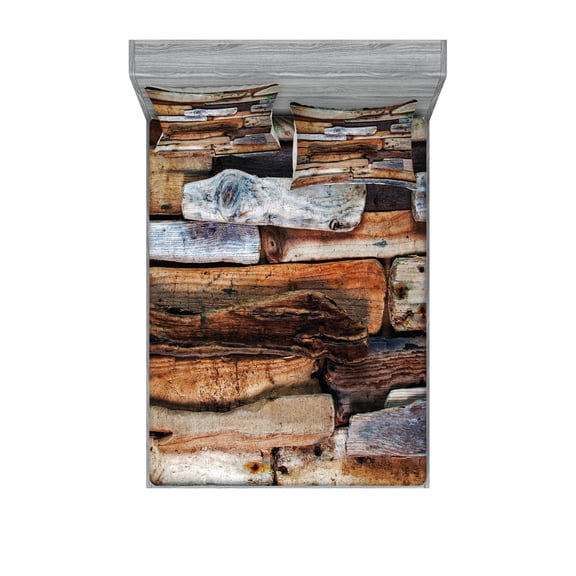 Ambesonne Vintage Fitted Sheet & Pillow Sham Set, Knotty Planks Vintage, Queen, Brown