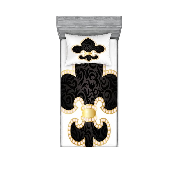 Ambesonne Vintage Fitted Sheet & Pillow Sham Set, Lily of France, Twinxl, Yellow Black White