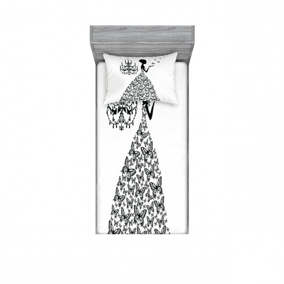 Ambesonne Vintage Fitted Sheet & Pillow Sham Set, Love Country Wedding, Twin, Charcoal Grey White