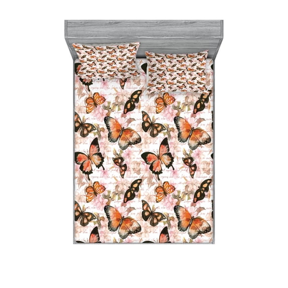 Ambesonne Vintage Fitted Sheet & Pillow Sham Set, Love Letters Watercolor, Full, Vermilion Peach Black