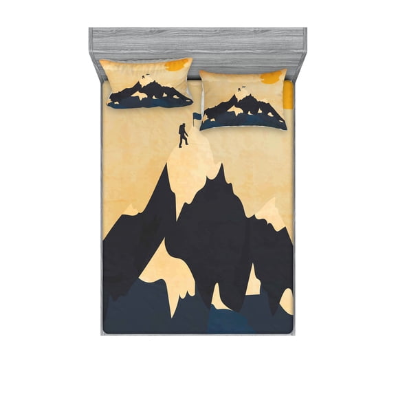 Ambesonne Vintage Fitted Sheet & Pillow Sham Set, Man on the Mountaintop, Full, Orange Mustard Dark Blue