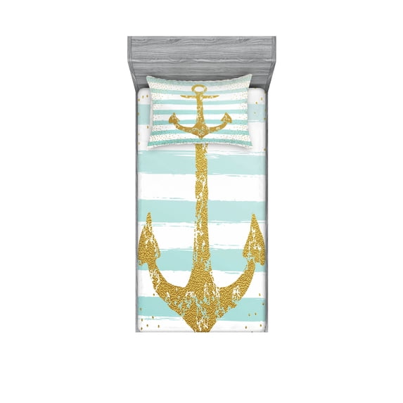Ambesonne Vintage Fitted Sheet & Pillow Sham Set, Marine Golden Anchor, Twin, Pale Blue White
