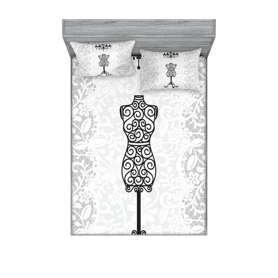 Ambesonne Vintage Fitted Sheet & Pillow Sham Set, Monochrome Design Swirl, Queen, Charcoal Grey and White