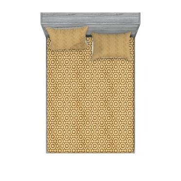 Ambesonne Vintage Fitted Sheet & Pillow Sham Set, Moorish Geometric Tiles, Queen, Beige and Caramel