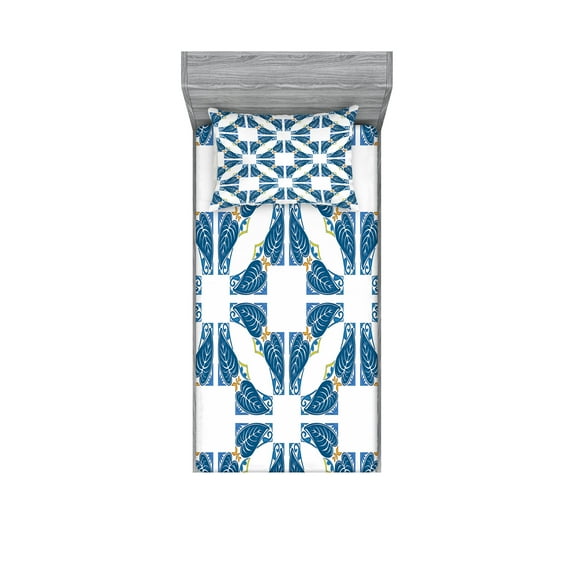 Ambesonne Vintage Fitted Sheet & Pillow Sham Set, Moroccan Blue Leaves, Twin, Blue White