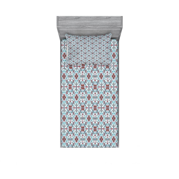 Ambesonne Vintage Fitted Sheet & Pillow Sham Set, Moroccan Floral Mosaic Art, Twin, Pale Blue Red Green