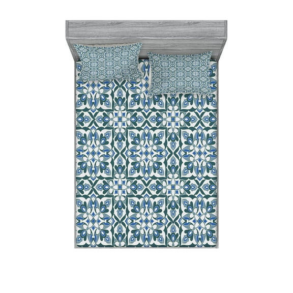 Ambesonne Vintage Fitted Sheet & Pillow Sham Set, Moroccan Tile Floral Shapes, Queen, Reseda Green Grey Blue