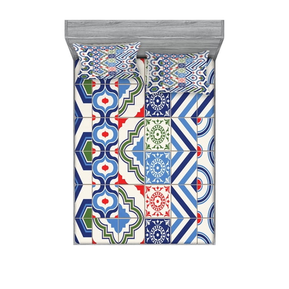 Ambesonne Vintage Fitted Sheet & Pillow Sham Set, Motifs of Moroccan Design, Full, Multicolor