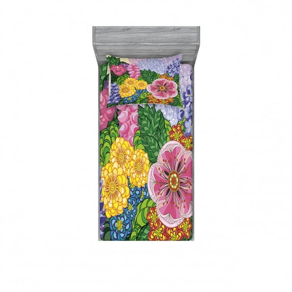 Ambesonne Vintage Fitted Sheet & Pillow Sham Set, Nature Flowers Buds, Twin, Lilac Green