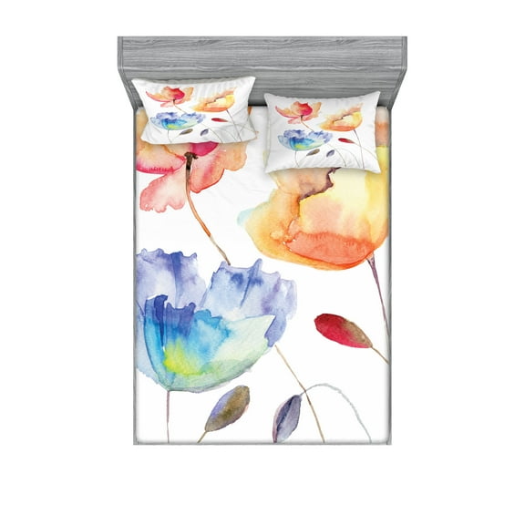 Ambesonne Vintage Fitted Sheet & Pillow Sham Set, Nature Flowers, Full, Orange Blue Red