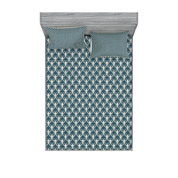 Ambesonne Vintage Fitted Sheet & Pillow Sham Set, Nature Garden Antique Retro, Full, Dark Teal Eggshell