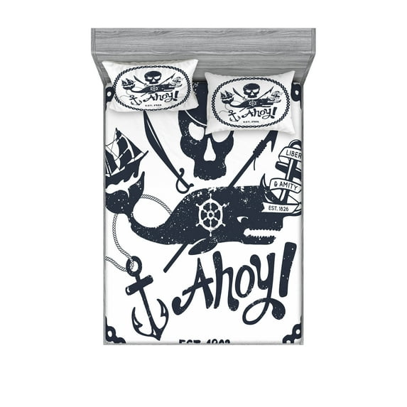 Ambesonne Vintage Fitted Sheet & Pillow Sham Set, Nautical Pirate Skull, Queen, Dark Blue White