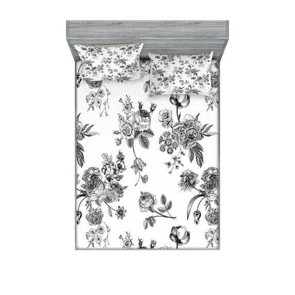 Ambesonne Vintage Fitted Sheet & Pillow Sham Set, New Modern Art, Full, White and Black