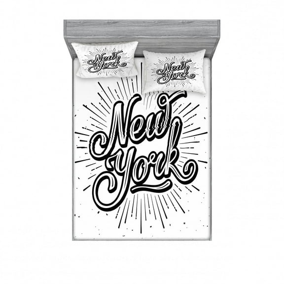 Ambesonne Vintage Fitted Sheet & Pillow Sham Set, New York Typography, Queen, Black White
