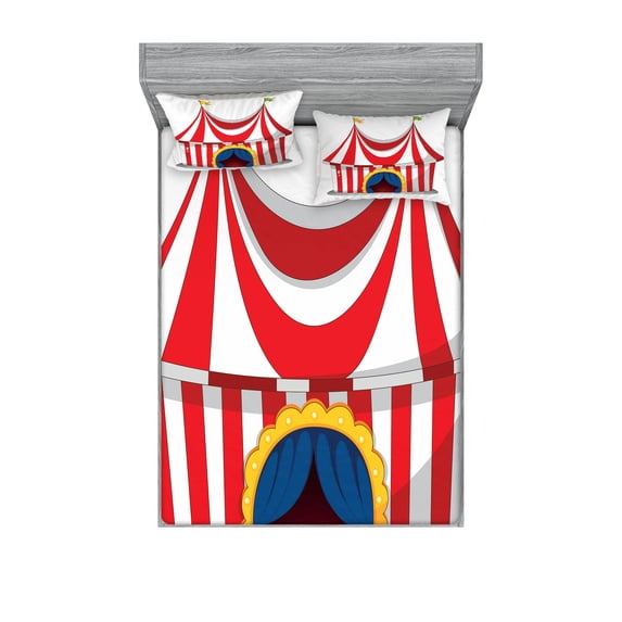 Ambesonne Vintage Fitted Sheet & Pillow Sham Set, Nostalgic Circus Flag, Full, Red White