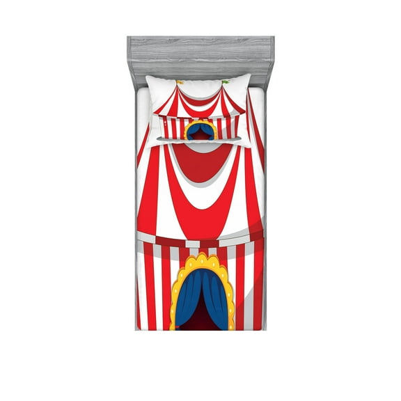 Ambesonne Vintage Fitted Sheet & Pillow Sham Set, Nostalgic Circus Flag, Twinxl, Red White