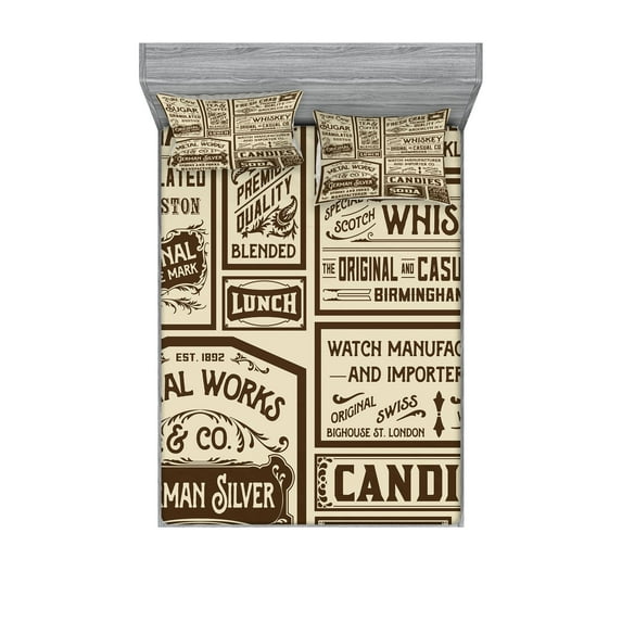 Ambesonne Vintage Fitted Sheet & Pillow Sham Set, Old Advertisement Retro, King, Brown Cream