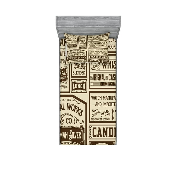 Ambesonne Vintage Fitted Sheet & Pillow Sham Set, Old Advertisement Retro, Twin, Brown Cream