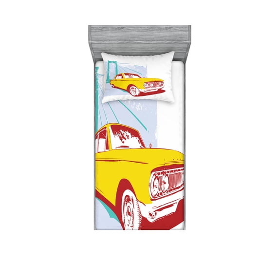 Ambesonne Vintage Fitted Sheet & Pillow Sham Set, Old Car Grunge Art, Twin, Yellow Turquoise