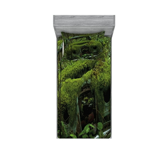 Ambesonne Vintage Fitted Sheet & Pillow Sham Set, Old Classic Car Forest, Twinxl, Olive Green and Dimgrey