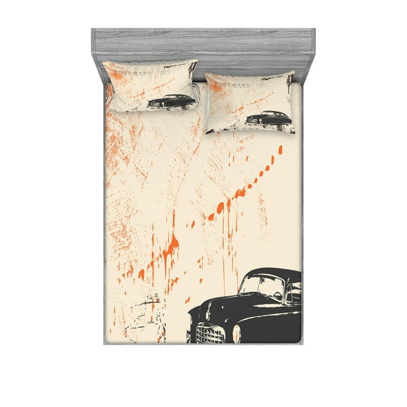 Ambesonne Vintage Fitted Sheet & Pillow Sham Set, Old Fashioned Car Art, Full, Beige Black