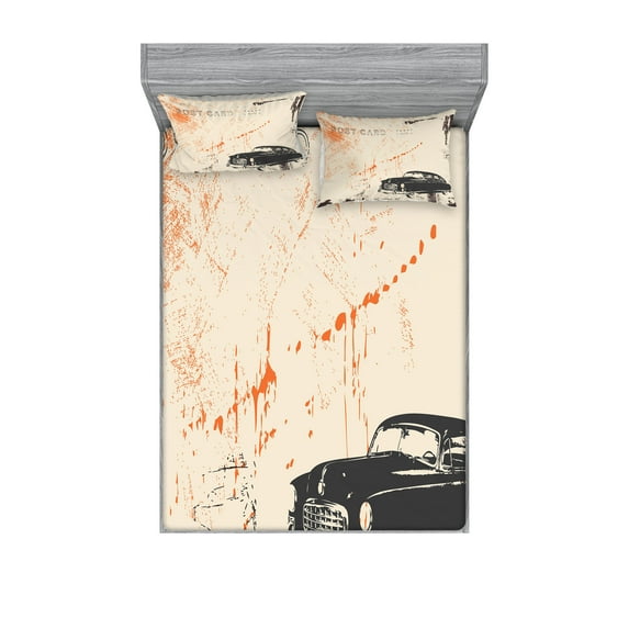 Ambesonne Vintage Fitted Sheet & Pillow Sham Set, Old Fashioned Car Art, Queen, Beige Black