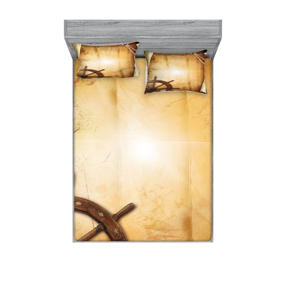 Ambesonne Vintage Fitted Sheet & Pillow Sham Set, Old Paper Effect Wheel, Full, Brown