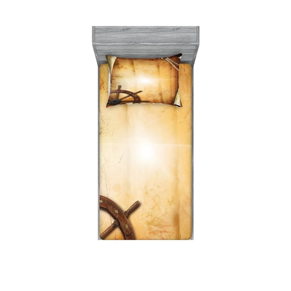 Ambesonne Vintage Fitted Sheet & Pillow Sham Set, Old Paper Effect Wheel, Twinxl, Brown
