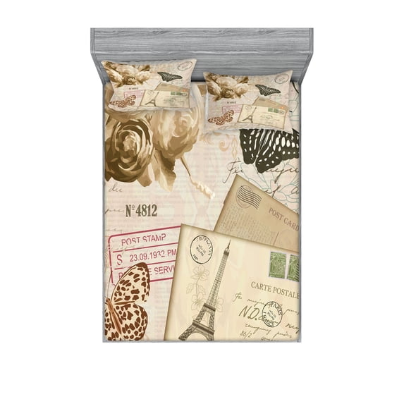 Ambesonne Vintage Fitted Sheet & Pillow Sham Set, Old Retro Lettering, Queen, Pale Brown Black