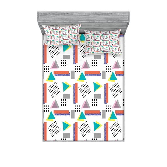 Ambesonne Vintage Fitted Sheet & Pillow Sham Set, Old Retro Style Pattern, Queen, Coral Black