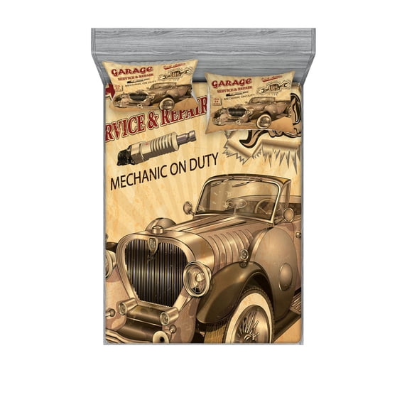 Ambesonne Vintage Fitted Sheet & Pillow Sham Set, Old Style Car Repair, Full, Sepia Red