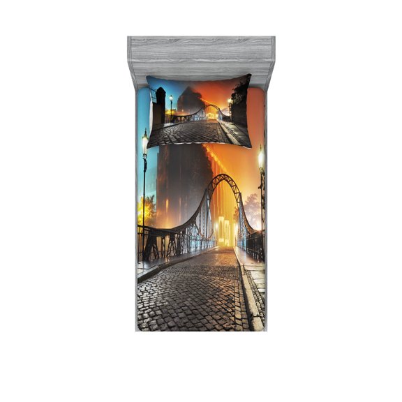 Ambesonne Vintage Fitted Sheet & Pillow Sham Set, Old Town Bridge Night, Twin, Grey Orange