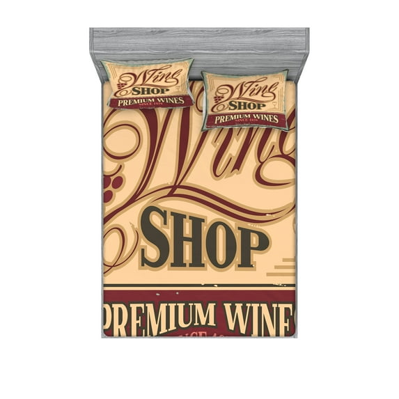 Ambesonne Vintage Fitted Sheet & Pillow Sham Set, Old Wine Shop Sign, Full, Orange Red