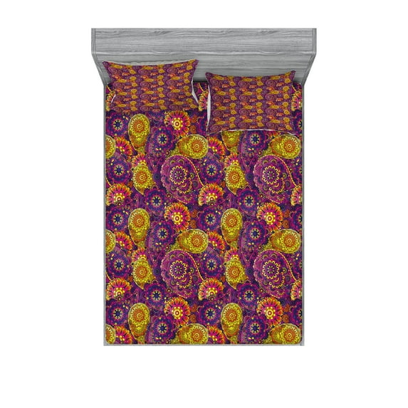 Ambesonne Vintage Fitted Sheet & Pillow Sham Set, Oriental Curvy Paisley, Queen, Multicolor