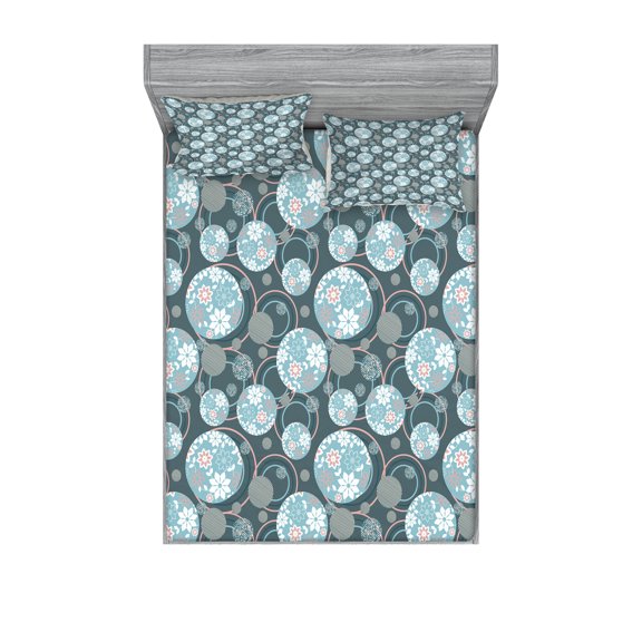 Ambesonne Vintage Fitted Sheet & Pillow Sham Set, Oriental Shape, Queen, Pink Blue