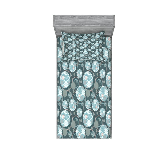 Ambesonne Vintage Fitted Sheet & Pillow Sham Set, Oriental Shape, Twin, Pink Blue