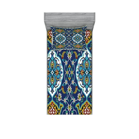 Ambesonne Vintage Fitted Sheet & Pillow Sham Set, Oriental Tile Effects, Twin, Mustard Royal Blue