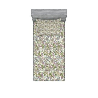 Ambesonne Vintage Fitted Sheet & Pillow Sham Set, Persian Pickles Ornate, Twin, Pale Brown Mauve and Green