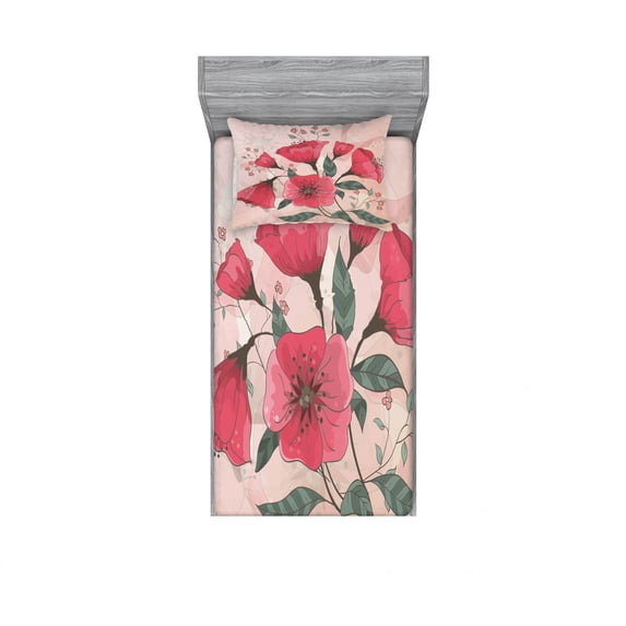 Ambesonne Vintage Fitted Sheet & Pillow Sham Set, Pink Romantic Flowers, Twinxl, Pale Pink Hot Pink